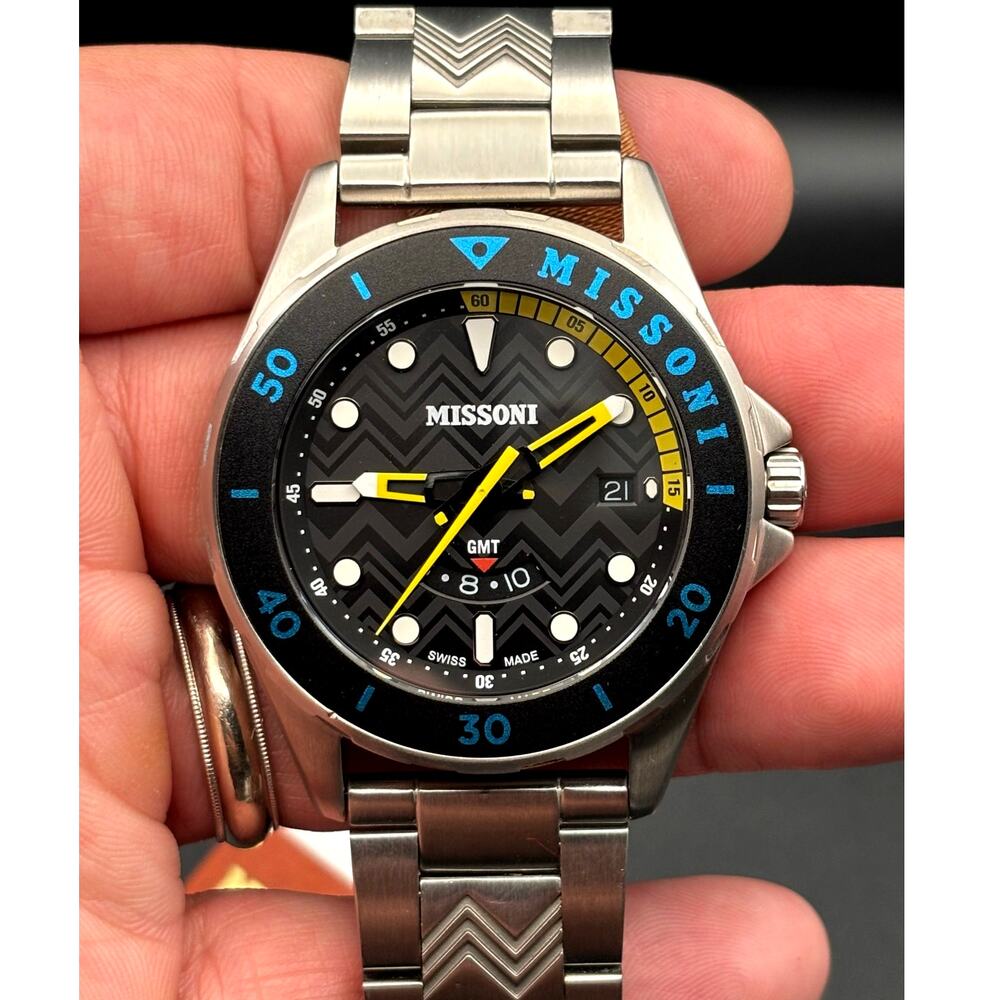 Missoni GMT 43mm Swiss Quartz Stainless Steel Sapphire Crystal Men's Watch